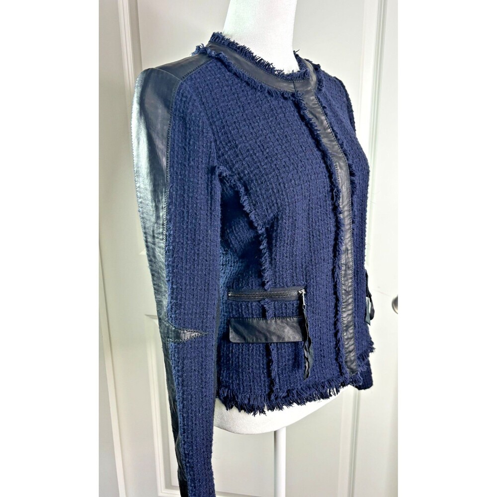 REBECCA TAYLOR Boucle Fringe Blazer SIZE 4 Navy Blue Black Leather Trim Coat EUC - Picture 6 of 16